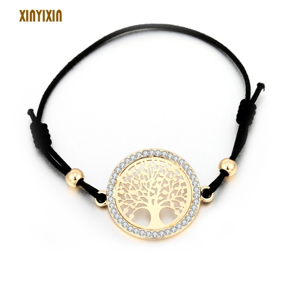 Bracelet arbre de vie rond en or pour femmes en cristal creux corde lastique r glable