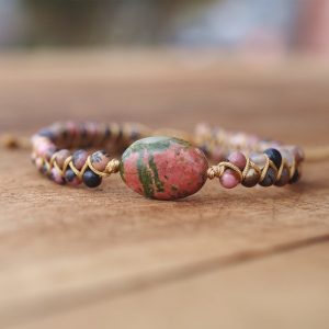 Bracelet en perles de Rhodonite pour hommes et femmes breloque en pierre naturelle corde tress e