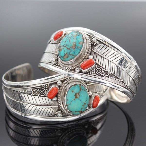 Bracelet en pierre naturelle de couleur argent Antique rouge bleu pour femme Bracelet ouvert Simple bijoux 2