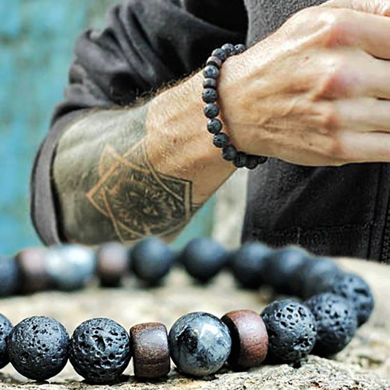Bracelet en pierre volcanique pour homme perles en bois de lave de 8mm Bracelet de bouddha