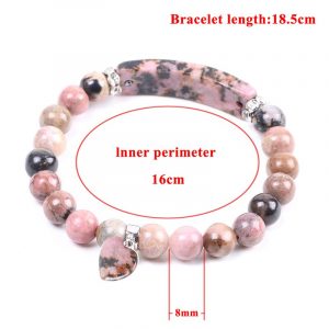 CSJA Bracelet en Rhodonite rose et noir perles en pierre naturelle cristal rond Quartz c ur 1