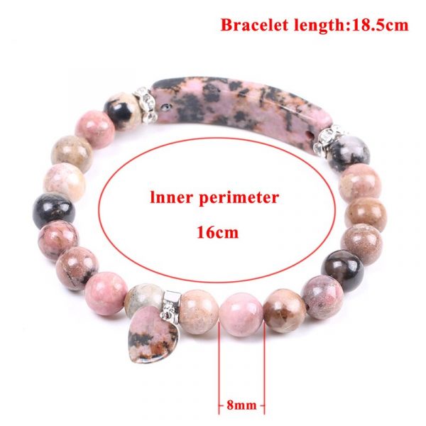 CSJA Bracelet en Rhodonite rose et noir perles en pierre naturelle cristal rond Quartz c ur 1