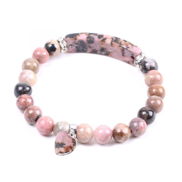 CSJA Bracelet en Rhodonite rose et noir perles en pierre naturelle cristal rond Quartz c ur