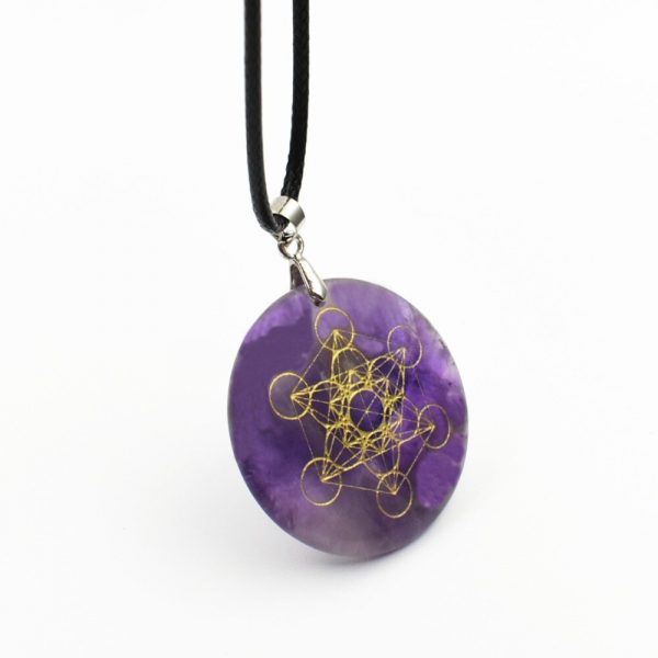 Collier pendentif en obsidienne naturelle fleur de vie et cercle magique divinations sri yantra triqueta metatrone 1