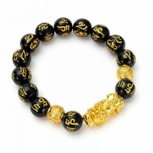 Feng Shui Bracelet de perles de pierre obsidienne hommes femmes Bracelet unisexe or noir Pixiu richesse 1