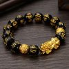 Feng Shui Bracelet de perles de pierre obsidienne hommes femmes Bracelet unisexe or noir Pixiu richesse