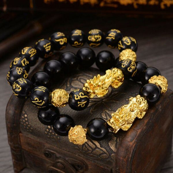 Feng Shui Bracelet de perles de pierre obsidienne hommes femmes Bracelet unisexe or noir Pixiu richesse 4
