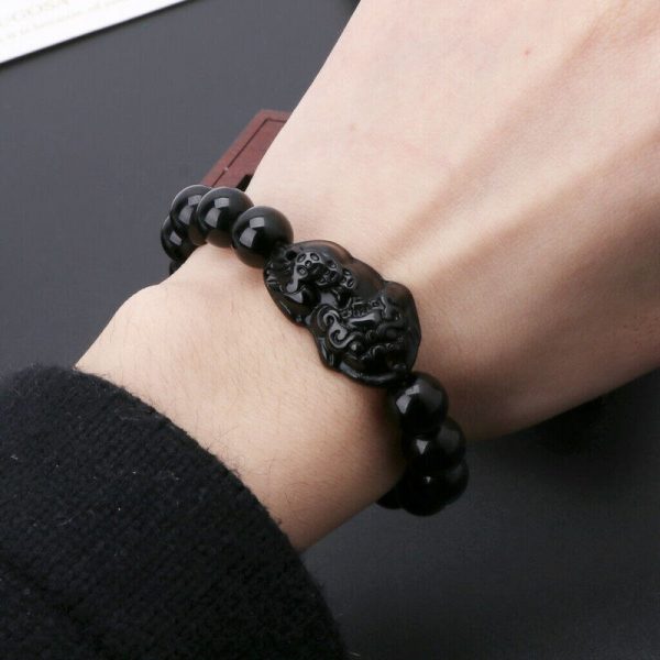 Feng Shui Bracelet de perles de pierre obsidienne hommes femmes Bracelet unisexe or noir Pixiu richesse 5