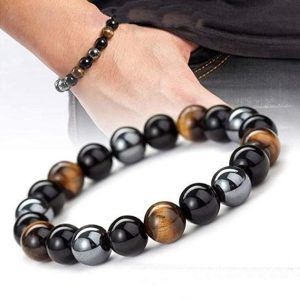 Obsidienne noire naturelle h matite oeil de tigre perles Bracelets hommes pour Protection magn tique de 2