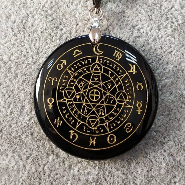 Collier pendentif en obsidienne naturelle fleur de vie et cercle magique divinations sri yantra triqueta metatrone 1