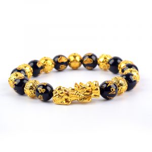 Feng Shui obsidian Bracelet de perles de pierre hommes femmes Bracelet couleur or Pixiu noir Six