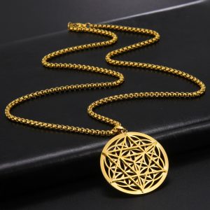 LIKGREAT collier rond fleur de vie couleur or Merkaba pendentifs de m ditation amulette en acier 2
